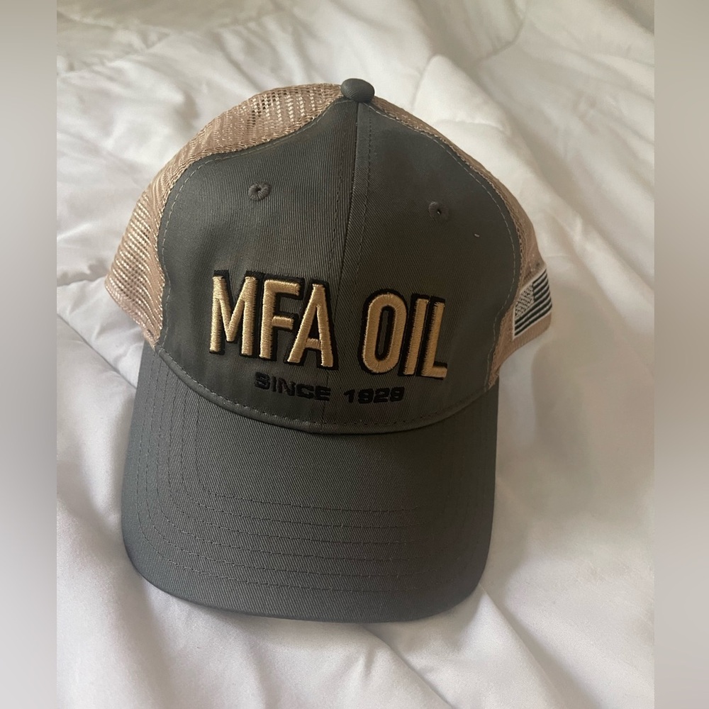 MFA Oil Hat American flag Beige Gray Baseball Cap Mens Farmers Mens Agriculture